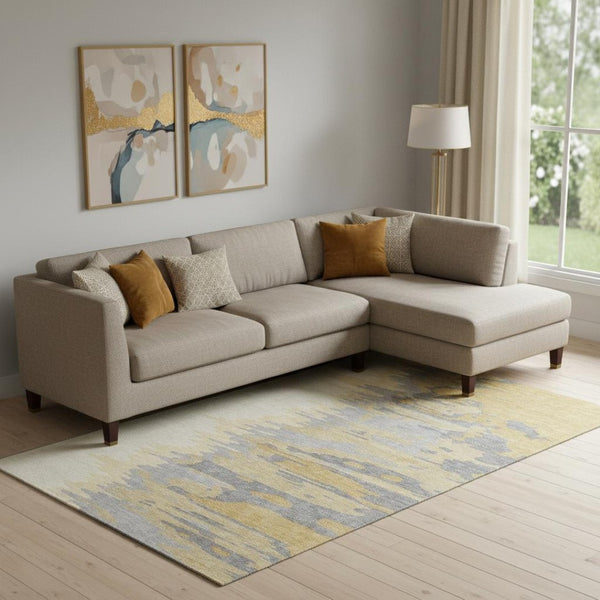 HomeRoots 9' X 12' Contemporary Gold Ivory Gray Abstract Area Rug | Washable, Stain-Resistant, UV Protected 682360