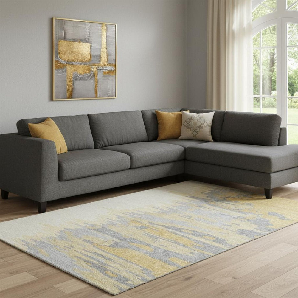 HomeRoots 10' X 14' Gold Ivory Gray Abstract Washable Area Rug - Durable, UV-Protected, Pet-Friendly Design 682361