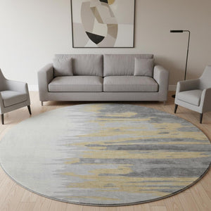HomeRoots 8' Gray Gold and Ivory Abstract Round Rug – Washable, UV Protected, Perfect for Busy Households! 682364