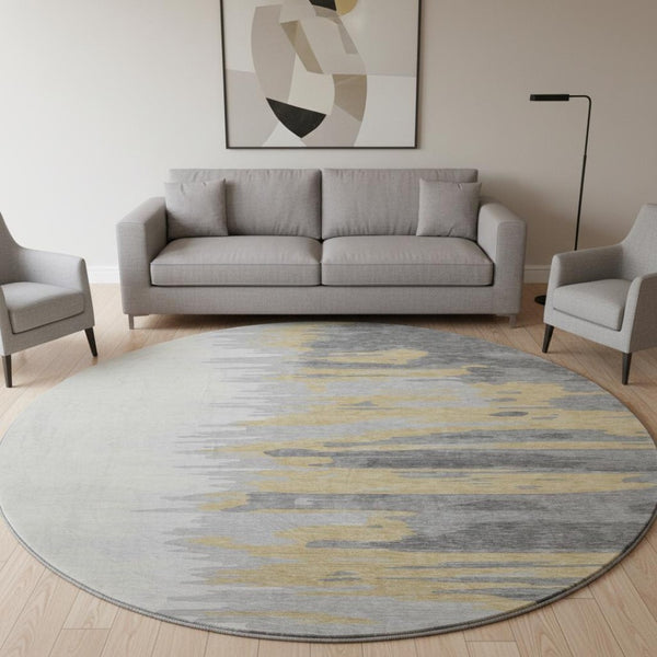 HomeRoots 8' Gray Gold and Ivory Abstract Round Rug – Washable, UV Protected, Perfect for Busy Households! 682364