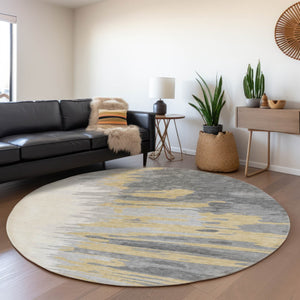 HomeRoots 8' Gray Gold and Ivory Abstract Round Rug – Washable, UV Protected, Perfect for Busy Households! 682364