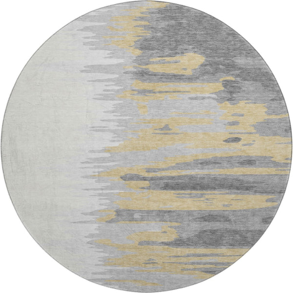 HomeRoots 8' Gray Gold and Ivory Abstract Round Rug – Washable, UV Protected, Perfect for Busy Households! 682364