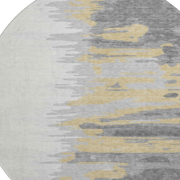 HomeRoots 8' Gray Gold and Ivory Abstract Round Rug – Washable, UV Protected, Perfect for Busy Households! 682364