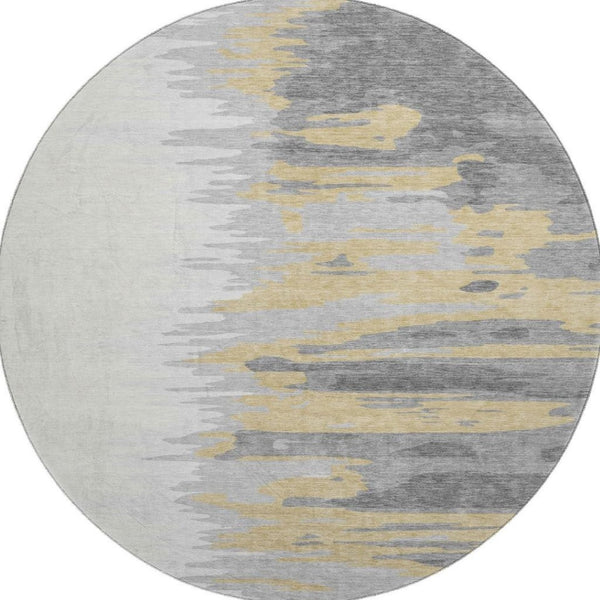 HomeRoots 8' Gray Gold and Ivory Abstract Round Rug – Washable, UV Protected, Perfect for Busy Households! 682364