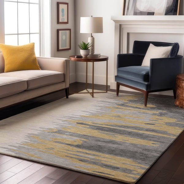 HomeRoots 10' X 14' Gray, Gold & Ivory Abstract Washable Area Rug - UV Protected, Durable & Stylish Design 682367