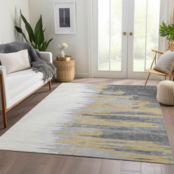 HomeRoots 10' X 14' Gray, Gold & Ivory Abstract Washable Area Rug - UV Protected, Durable & Stylish Design 682367