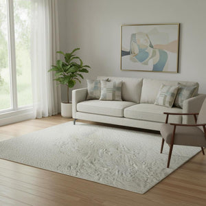 HomeRoots 5' X 8' Ivory and Beige Abstract Washable Area Rug - UV Protected, Durable, and Family-Friendly Design 682369