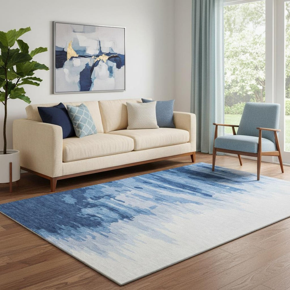 HomeRoots 5' Navy Blue & Ivory Abstract Washable Area Rug - UV Protected, Stain Resistant, Modern Design! 682375