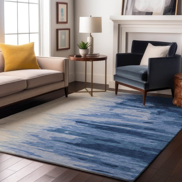 HomeRoots 5' Navy Blue & Ivory Abstract Washable Area Rug - UV Protected, Stain Resistant, Modern Design! 682375
