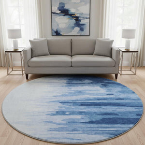 HomeRoots 8' Navy Blue and Ivory Abstract Washable Round Rug - UV Protected, Stain Resistant, Modern Style 682376