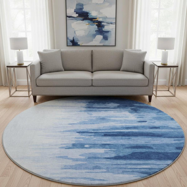 HomeRoots 8' Navy Blue and Ivory Abstract Washable Round Rug - UV Protected, Stain Resistant, Modern Style 682376