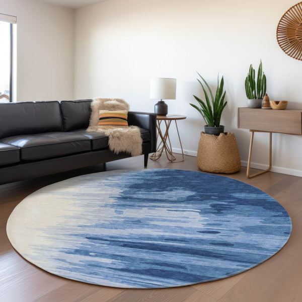 HomeRoots 8' Navy Blue and Ivory Abstract Washable Round Rug - UV Protected, Stain Resistant, Modern Style 682376