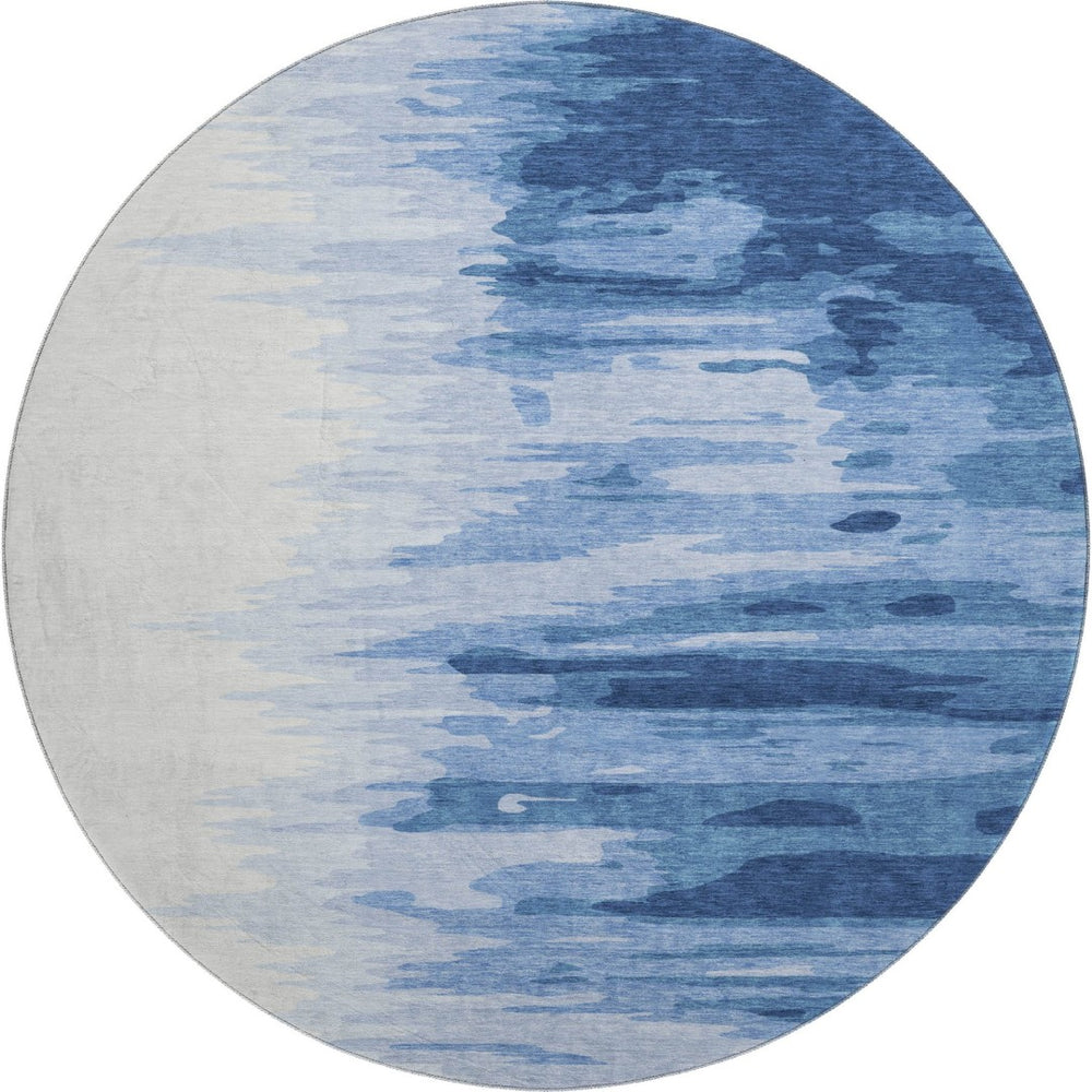 HomeRoots 8' Navy Blue and Ivory Abstract Washable Round Rug - UV Protected, Stain Resistant, Modern Style 682376
