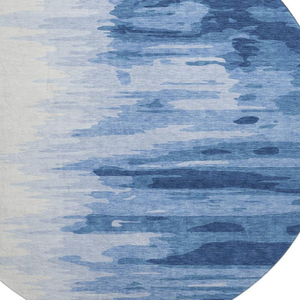 HomeRoots 8' Navy Blue and Ivory Abstract Washable Round Rug - UV Protected, Stain Resistant, Modern Style 682376
