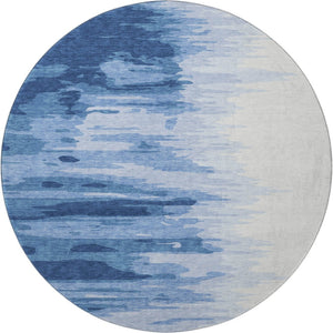 HomeRoots 8' Navy Blue and Ivory Abstract Washable Round Rug - UV Protected, Stain Resistant, Modern Style 682376