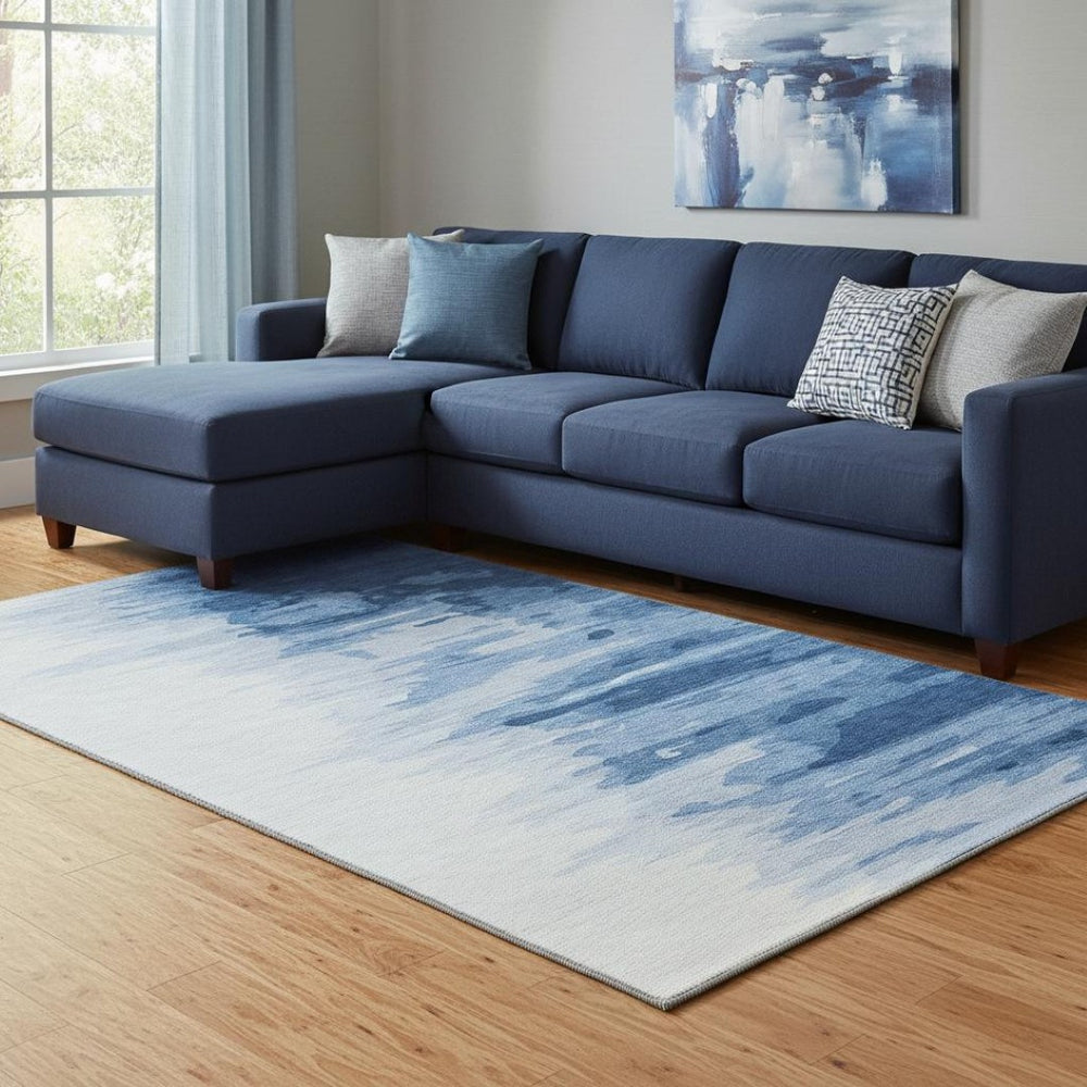 HomeRoots 8' X 10' Navy Blue & Ivory Abstract Washable Area Rug with UV Protection for Modern Homes & Families 682377