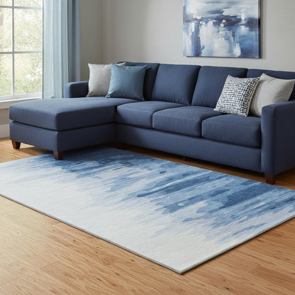 HomeRoots 8' X 10' Navy Blue & Ivory Abstract Washable Area Rug with UV Protection for Modern Homes & Families 682377