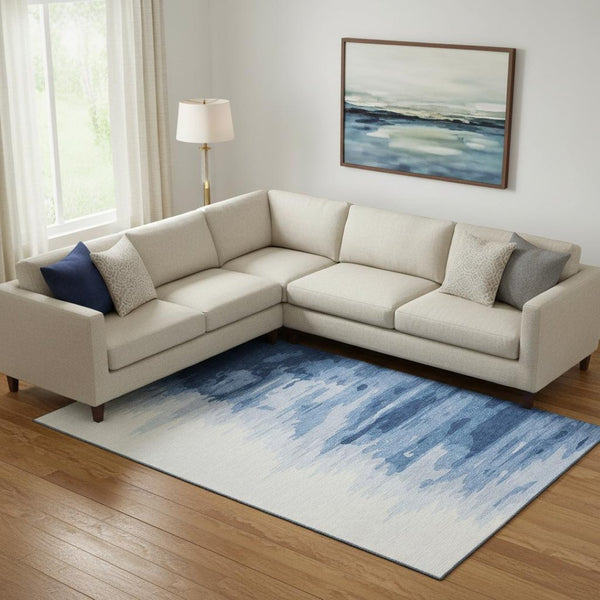 HomeRoots 9' X 12' Navy Blue & Ivory Abstract Washable Area Rug - UV Protected, Stain-Resistant Comfort 682378