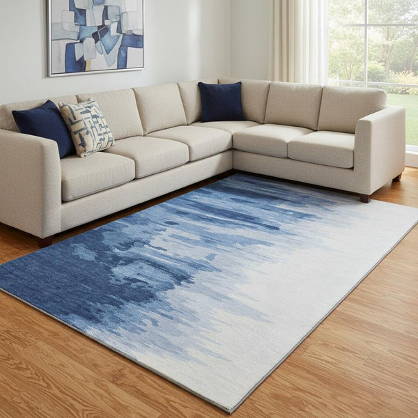 HomeRoots 10' X 14' Navy Blue & Ivory Abstract Area Rug - Washable, UV-Protected, Durable for Homes with Kids & Pets 682379