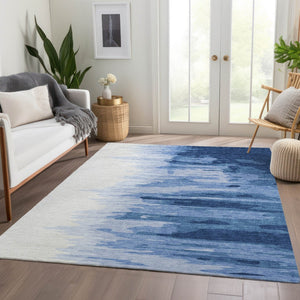 HomeRoots 10' X 14' Navy Blue & Ivory Abstract Area Rug - Washable, UV-Protected, Durable for Homes with Kids & Pets 682379