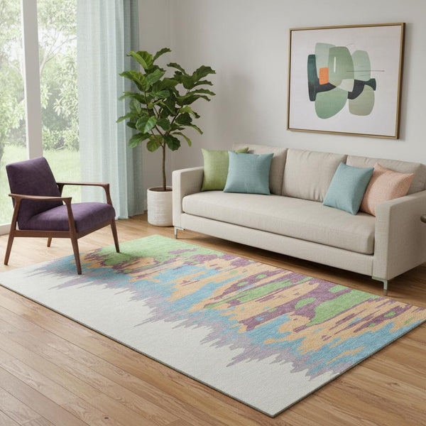 HomeRoots 5' X 8' Abstract Washable Area Rug in Peach, Green & Blue - UV Protected, Stain Resistant & Stylish 682381
