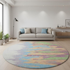 HomeRoots 8' Washable Round Rug in Peach, Green & Blue - UV Protected, Durable, Modern Design for Any Room 682382