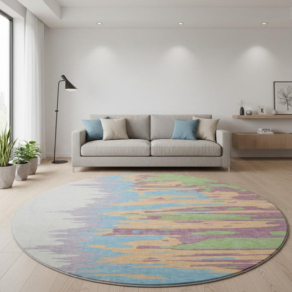 HomeRoots 8' Washable Round Rug in Peach, Green & Blue - UV Protected, Durable, Modern Design for Any Room 682382