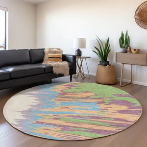 HomeRoots 8' Washable Round Rug in Peach, Green & Blue - UV Protected, Durable, Modern Design for Any Room 682382