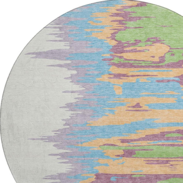 HomeRoots 8' Washable Round Rug in Peach, Green & Blue - UV Protected, Durable, Modern Design for Any Room 682382
