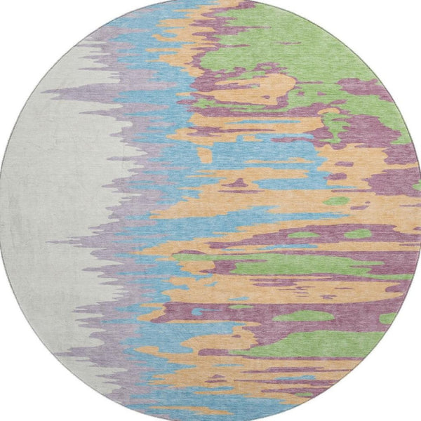 HomeRoots 8' Washable Round Rug in Peach, Green & Blue - UV Protected, Durable, Modern Design for Any Room 682382