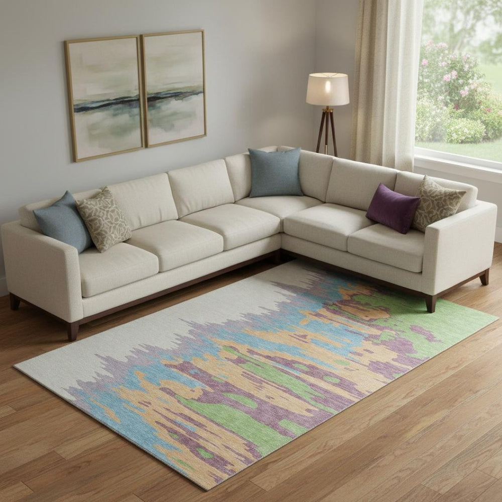 HomeRoots 9' X 12' Modern Abstract Washable Area Rug in Peach, Green & Blue - Durable, Stain Resistant, UV Protected 682384