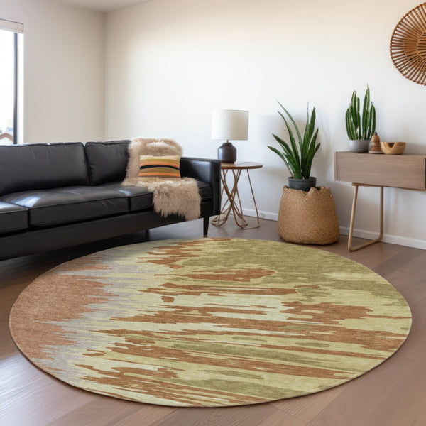 HomeRoots 8' Abstract Washable Round Rug in Rust Green and Gray – UV Resistant, Stain-Proof, Modern Style! 682388