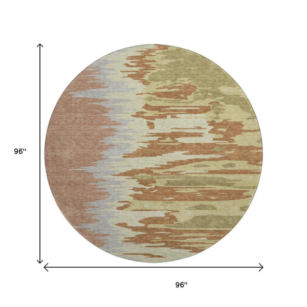 HomeRoots 8' Abstract Washable Round Rug in Rust Green and Gray – UV Resistant, Stain-Proof, Modern Style! 682388