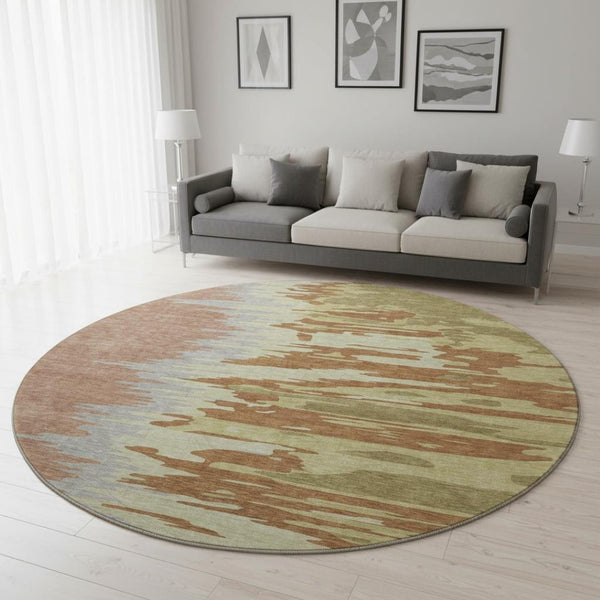 HomeRoots 8' Abstract Washable Round Rug in Rust Green and Gray – UV Resistant, Stain-Proof, Modern Style! 682388