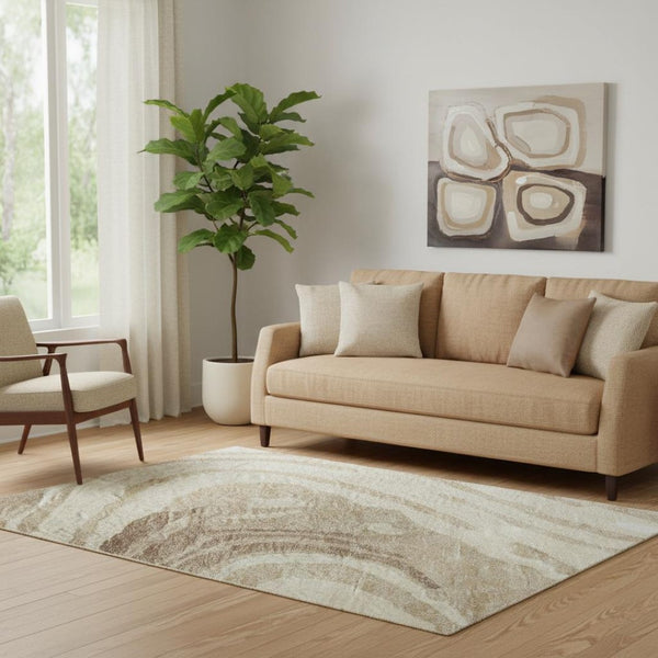 HomeRoots 5' X 8' Abstract Washable Area Rug in Beige, Green & Taupe - Durable, UV-Protected for Homes with Kids 682393