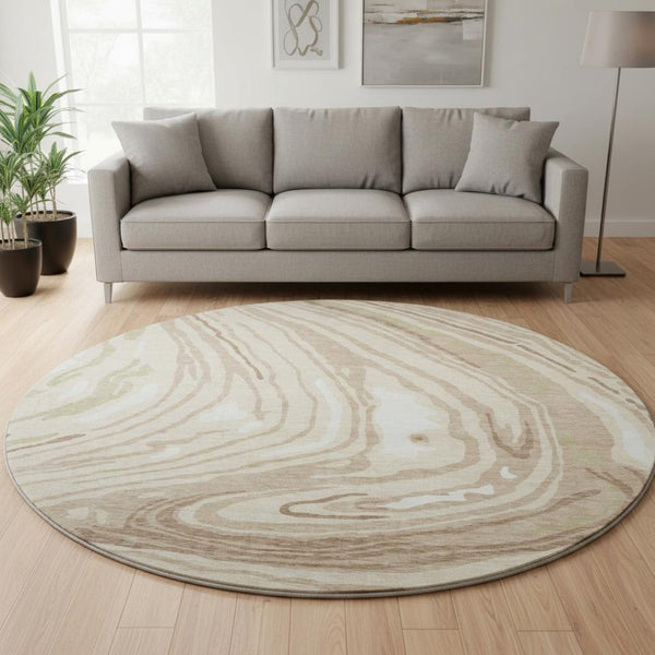 HomeRoots 8' Beige Green And Taupe Abstract Washable Round Rug – Durable, Stain Resistant, UV Protected Style 682394