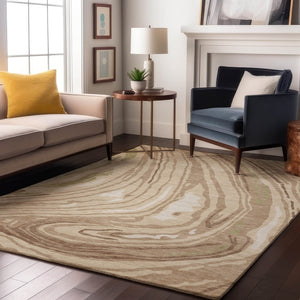 HomeRoots 9' X 12' Transitional Abstract Area Rug in Beige, Green & Taupe - Washable, UV-Protected & Durable 682396