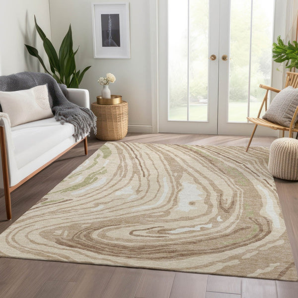 HomeRoots 9' X 12' Transitional Abstract Area Rug in Beige, Green & Taupe - Washable, UV-Protected & Durable 682396