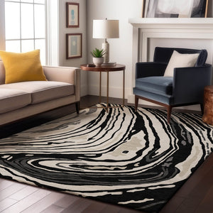 HomeRoots 5' X 8' Contemporary Black Ivory Gray Abstract Area Rug - Washable, UV-Protected, Durable Design 682399