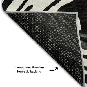 HomeRoots 5' X 8' Contemporary Black Ivory Gray Abstract Area Rug - Washable, UV-Protected, Durable Design 682399
