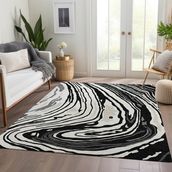 HomeRoots 5' X 8' Contemporary Black Ivory Gray Abstract Area Rug - Washable, UV-Protected, Durable Design 682399