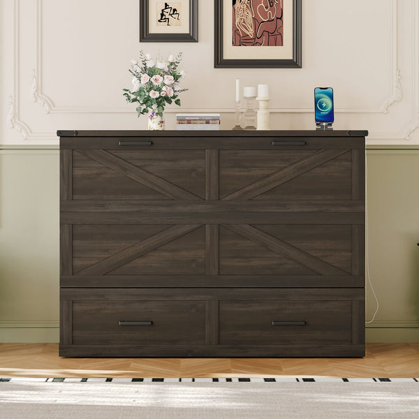 English Elm Full Farmhouse Murphy Cabinet Bed with Charging Station and Large Drawers, Space-Saving Guest Solution Gray 52.25 L x 26.25 W x 5.25 H N733S237853G