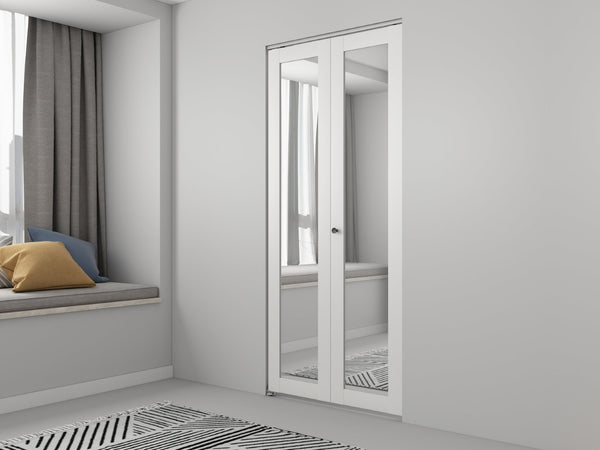 English Elm 30 in Matte Mdf Bi-fold Door with Frosted Glass Panels Hardware and Handle Included B2763P483203