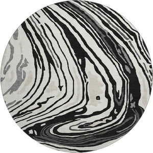 HomeRoots 8' Black Ivory and Gray Abstract Round Rug - Washable, UV Protected, Ideal for High-Traffic Areas 682400