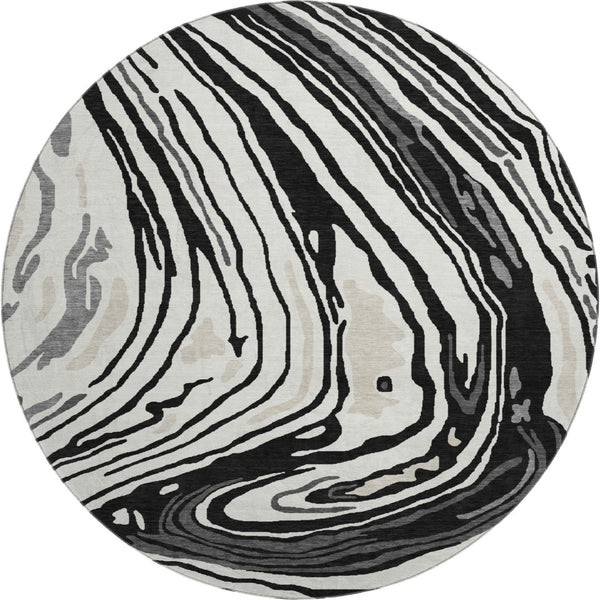 HomeRoots 8' Black Ivory and Gray Abstract Round Rug - Washable, UV Protected, Ideal for High-Traffic Areas 682400