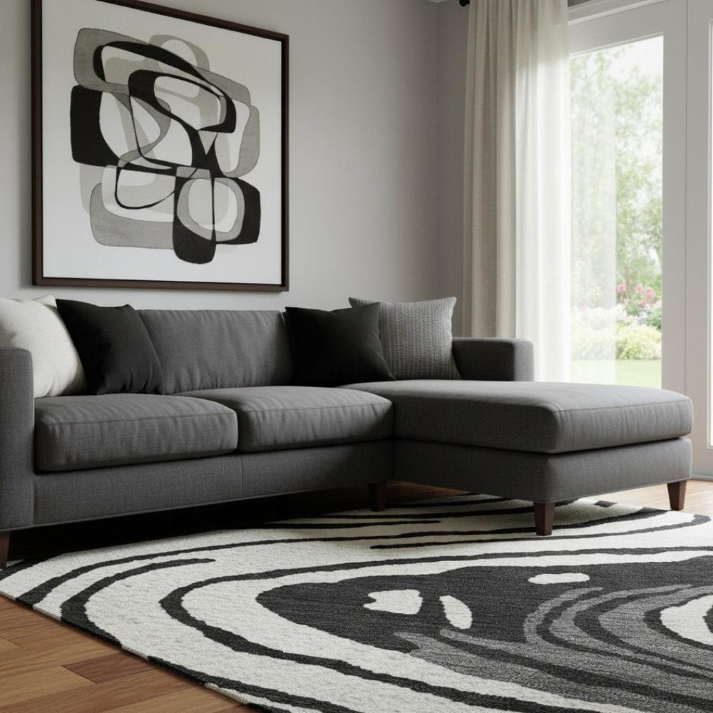 HomeRoots 8' X 10' Washable Abstract Area Rug in Black, Ivory & Gray - Stylish, Durable & UV-Protected Design 682401