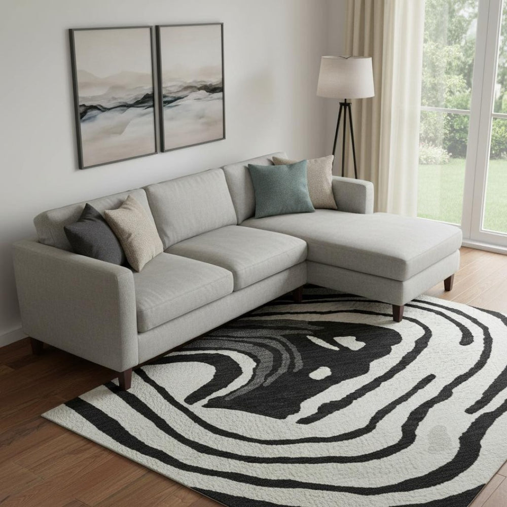 HomeRoots 9' X 12' Black Ivory Gray Abstract Area Rug - Washable, UV Protected, Durable for High-Traffic Spaces 682402