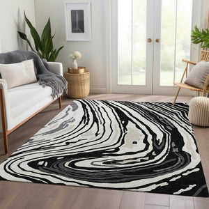 HomeRoots 10' X 14' Modern Abstract Washable Area Rug in Black, Ivory & Gray - UV Protected & Durable Design 682403