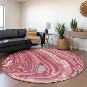 HomeRoots 8' Blush Gray and Ivory Abstract Washable Round Rug – UV-Protected, Durable, Stylish for Any Room 682406