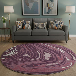 HomeRoots 8' Burgundy Ivory Blush Abstract Washable Round Rug - UV Protected, Stain Resistant, Easy Care! 682412